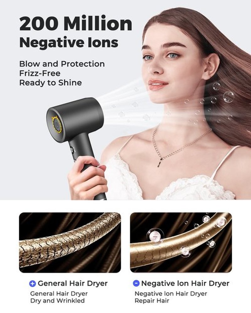 Bopcal Ionic Hair Dryer, 160000 RPM Brushless Motor, Smart Thermo-Control, Negative Ion Fast Drying, Quiet Lightweight Blow Dryer, Cold Air & 4 Heat Settings, for Home Travel Salon, Black