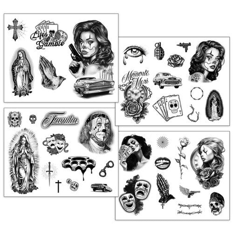Los Vatos Chicano Vol. I - Cholo and Chola Temporary Tattoos For Men Women, Payasa, Lowrider, Virgin Mary, Prayer, Cross, Chicana, Gangster, Fake Tattoo, Día de Muertos, Tatuajes Temporales