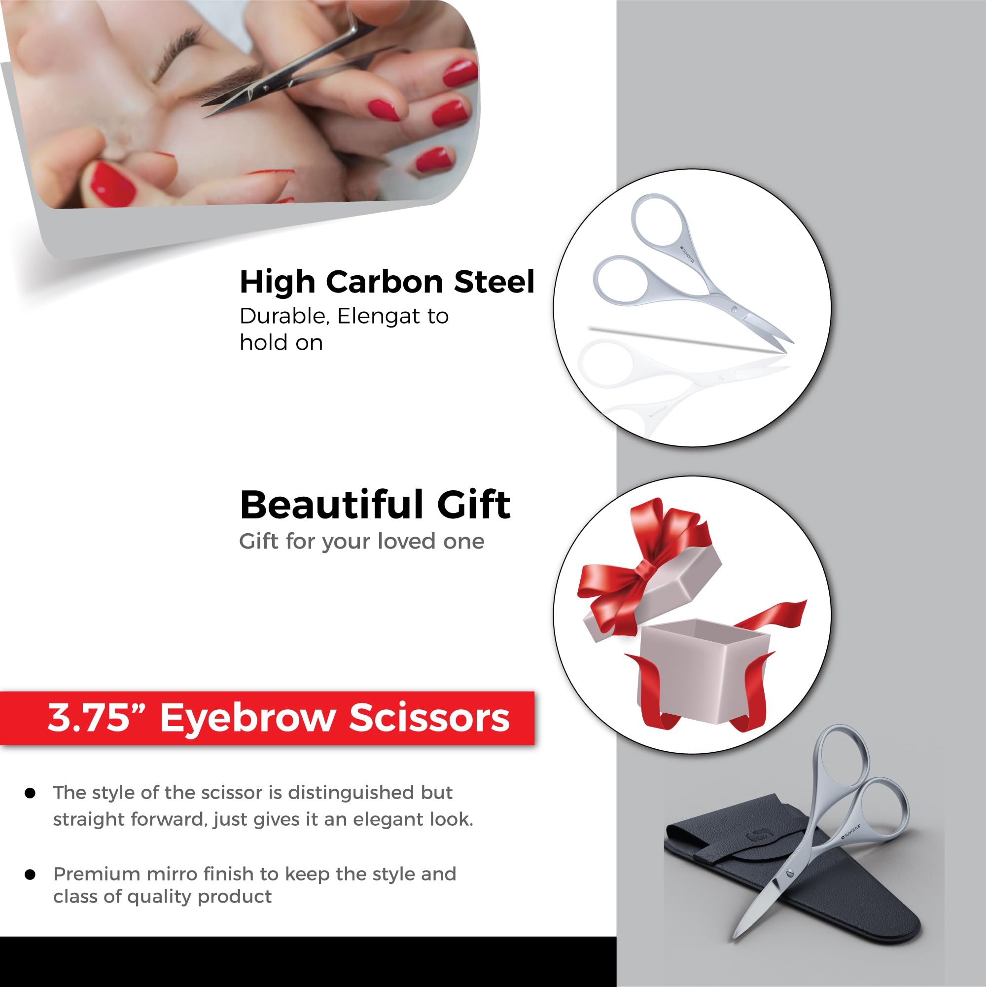 Suvorna Eyebrow Scissors for Women - Small Scissors for Beard, Mustache, Facial, EyeLash, Nose & Ear Hair - Eyebrow Trimmer for Women and Men, brow scissors for barbers and professionals