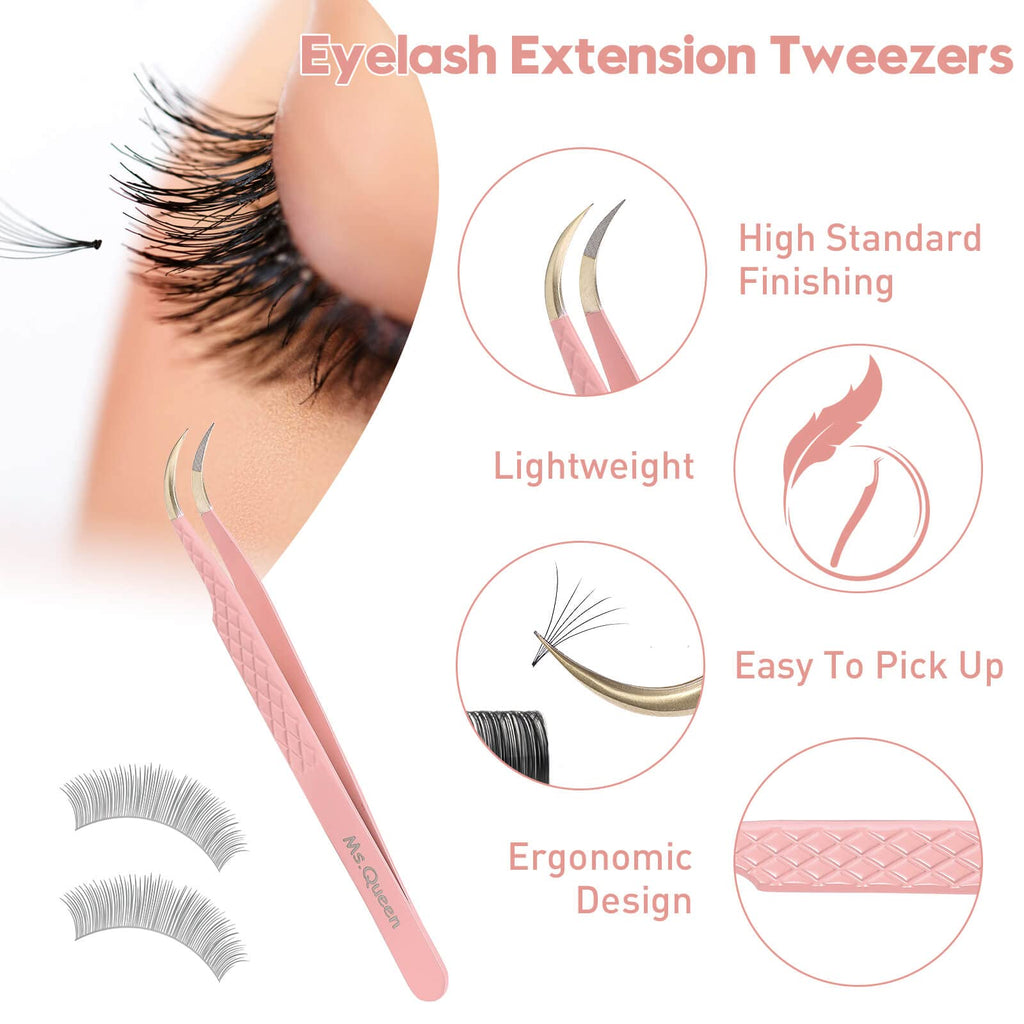 Ms.Queen Eyelash Extension Tweezers, Fiber Tip Grip Curved Lash Tweezers for Volume lashes Extensions