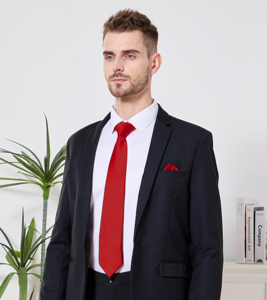 PenSee Men's Red Tie Set Solid Pure Color 3.15" (8CM) Classic Formal Plain Necktie and Pocket Square Set Red Ties For Men