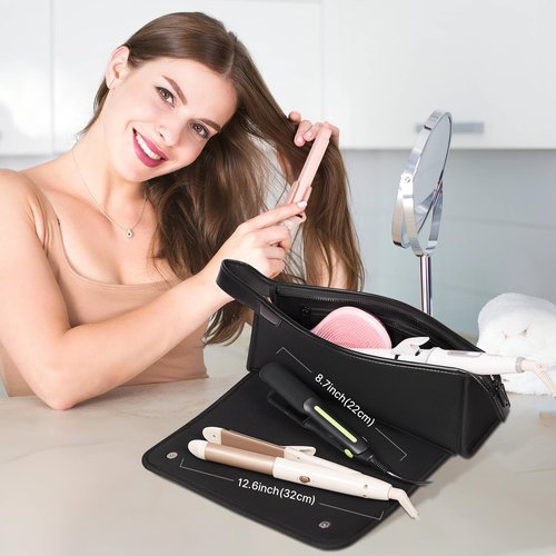JKAOO Hair Tools Travel Bag and Heat Resistant Mat, 2 in 1 Portable Organizer Hair Travel Case for Curling Iron, Hair Straightener, Flat Irons, PU Hangable Handle, Neoprene (Elegant Black)