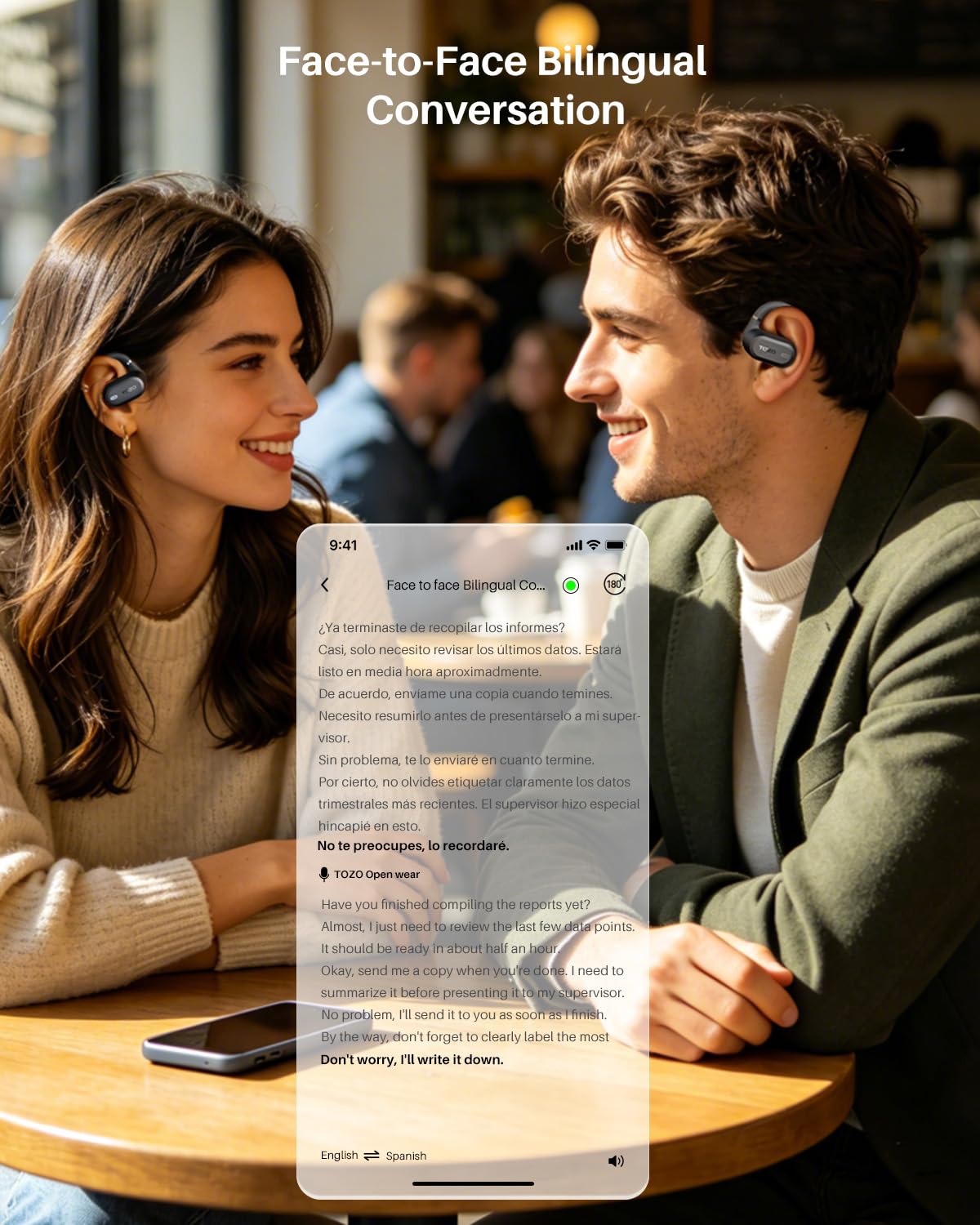 TOZO OpenWear Open Ear Earbuds, AI Translation Earbuds Real Time 145+ Languages, 60H Translator Ear Buds Audifonos Traductores Inglés Español, Bluetooth Headphones 5.4 with Smart Display for Office