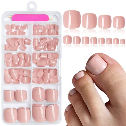 AddFavor Press on Toenails, 240pcs Deep Nude Toe Nail Press ons Glossy Fake Toe Nails Full Cover Glue Press on Toenails for Women Pedicure