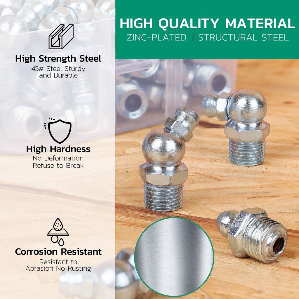 OURU Grease Fittings Assortment, 240PCS SAE & Metric Zerk Grease Fittings NPT 1/4" 1/8" M6 M8 M10, Straight 45 90 Degree Grease Nipple with Wrench Kit(7-11mm) for Grease Gun