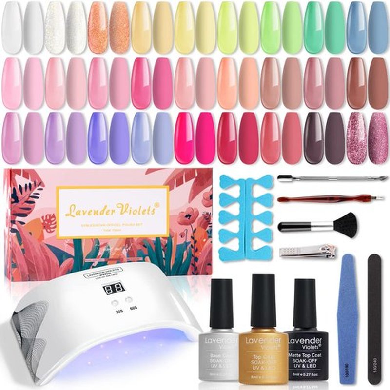 Lavender Violets 27+3 Colors Gel Nail Polish Kit with UV Light 24W Nail Dryer Pink Brown White Gel Nail Polish Set, Soak Off Base and Top Coat, Nail Tool, French Nail Art Starter Kit Gift R974