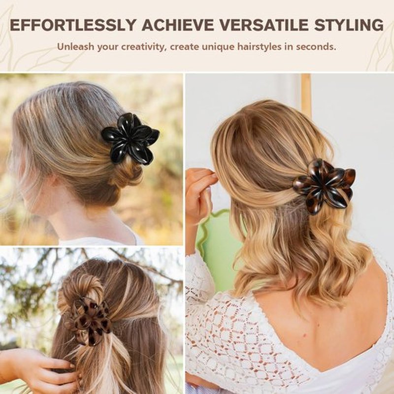 6 PCS Tortoise Flower Hair Clips for Women Girls, Large Hawaiian Flower Claw Clips for Thick Hair, Big Plumeria Jaw Clips, Strong Hold Non Slip Hair Accessories, Tortoise, Black