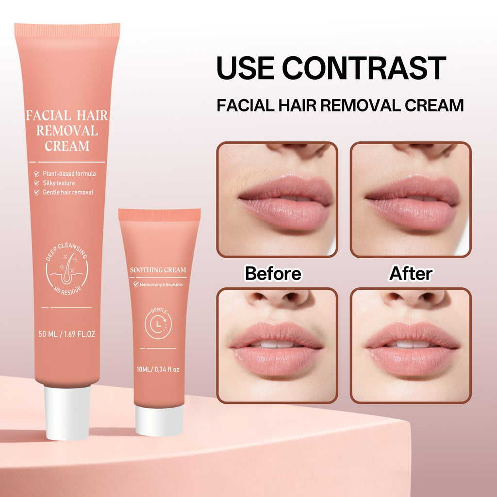 Facial Hair Removal Cream for Women, Painless & Flawless Depilatory Cream for Face Upper Lip Chin Hair Remover, Gentle Formula for Sensitive Skin