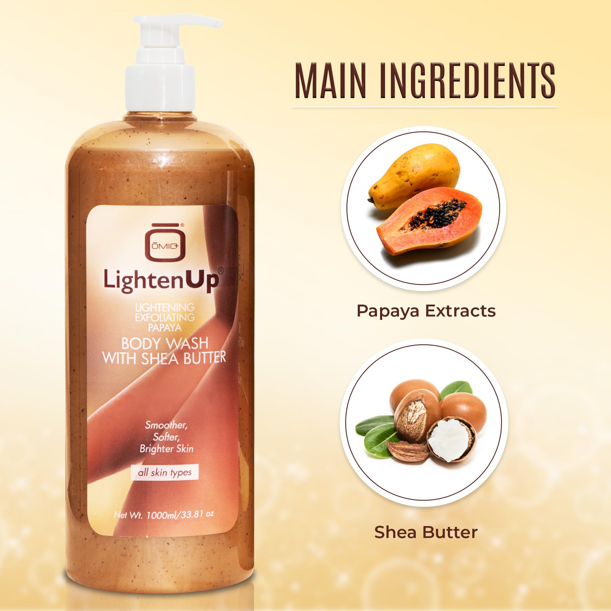 OMIC Lighten-Up LightenUp Exfoliating Body Wash - 33.8 Fl oz / 1000 ml - Formulated to Exfoliate and to Nourish Skin, with Shea Butter, Papaya