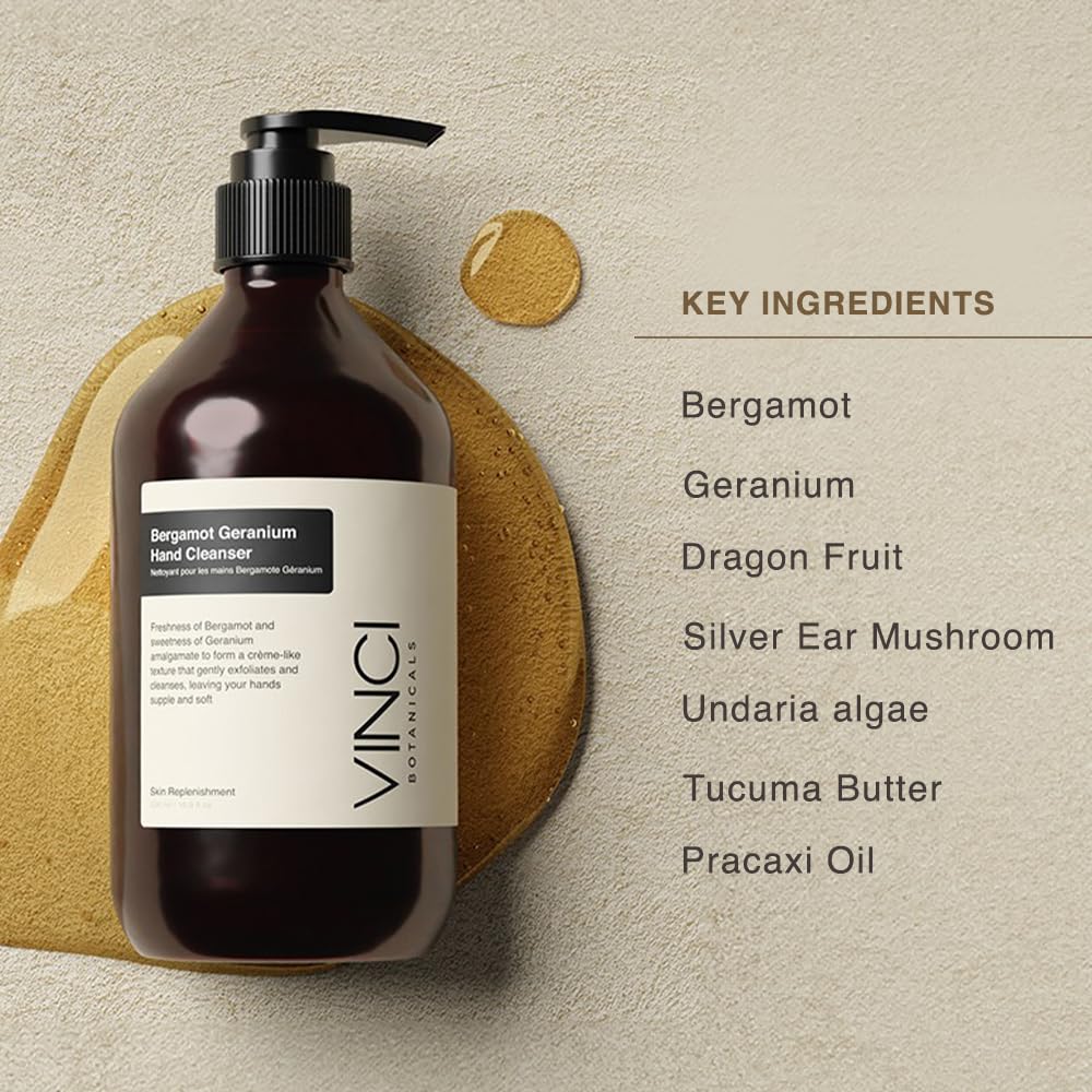 Vinci Botanicals Bergamot Geranium Hand Cleanser | Gentle Exfoliating Hand Wash | Cleanses & Hydrates Skin | Made with Essential Oils | Cruelty, Vegan & Paraben Free | Sweet & Fresh Aroma | 500 ml