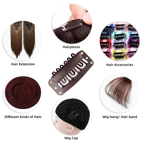 Guokoo 48 Pcs 32mm Wig Clips 6-Teeth U-Shape for Hair Extensions, with DIY Needle and Thread Kit - Snap Hair Clips for Extensions (Dark Brown)