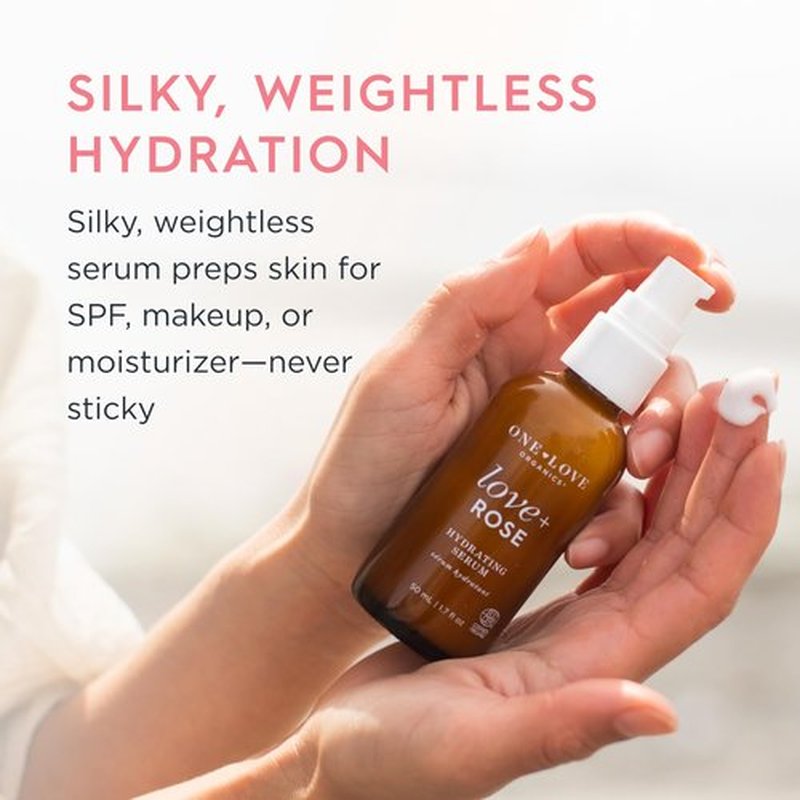 One Love Organics Love + Rose Hydrating Serum – Hyaluronic Acid Moisturizer for Dehydrated Skin, Certified Organic & Cruelty Free 50ml