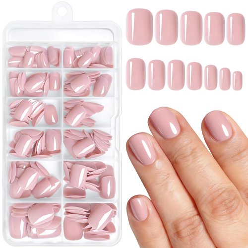 AddFavor Nude Press on Nails Short Square - 240PCS Glossy Short Nude Fake Nails Press ons for Women and Girls, Glue on Nails Kit with Adhesive Tabs, Nail Glue & File