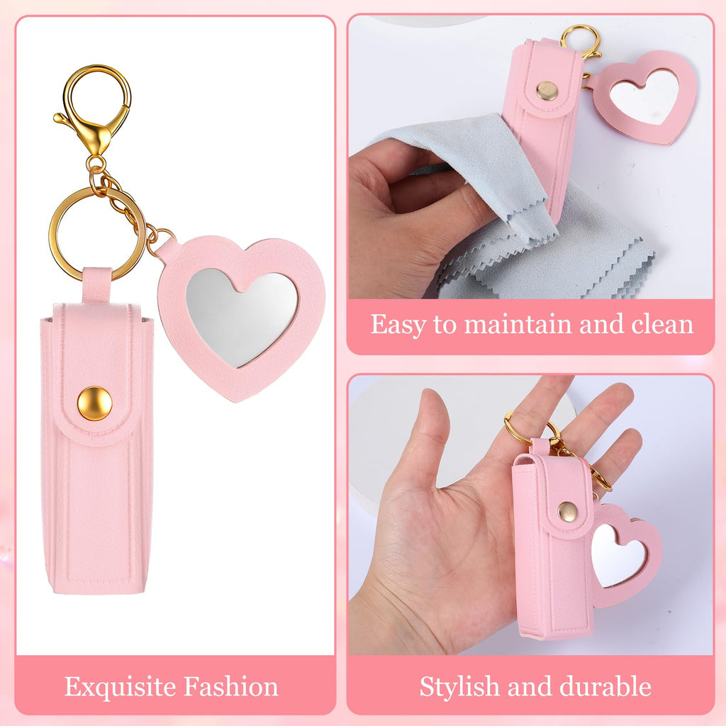 Xyembu 4 Pcs PU Leather Potable Lipstick Holder Keychain, Potable Lipstick Keychain Case Organizer, Lip Balm Holder with Mirror, Lip Gloss Keychains Holders, Travel Storage Case for Women