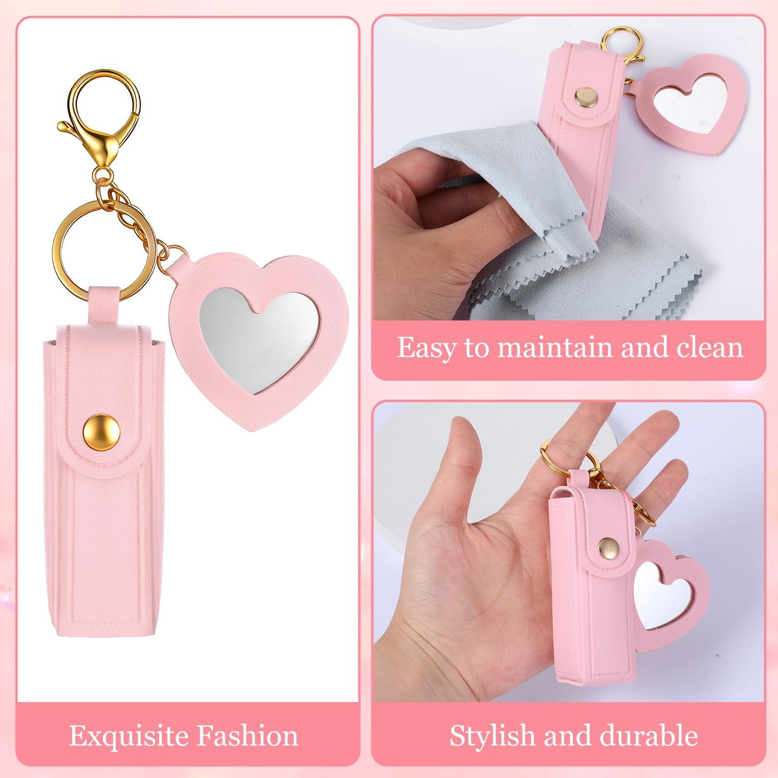 Xyembu 4 Pcs PU Leather Potable Lipstick Holder Keychain, Potable Lipstick Keychain Case Organizer, Lip Balm Holder with Mirror, Lip Gloss Keychains Holders, Travel Storage Case for Women