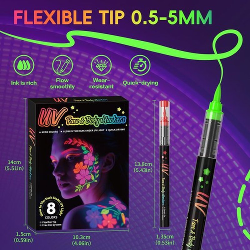 INAFKDPONR 8-color luminous body painting, UV neon face painting pen, luminous face painting kit, washable skin tattoo pen, Halloween party makeup (8 colors)