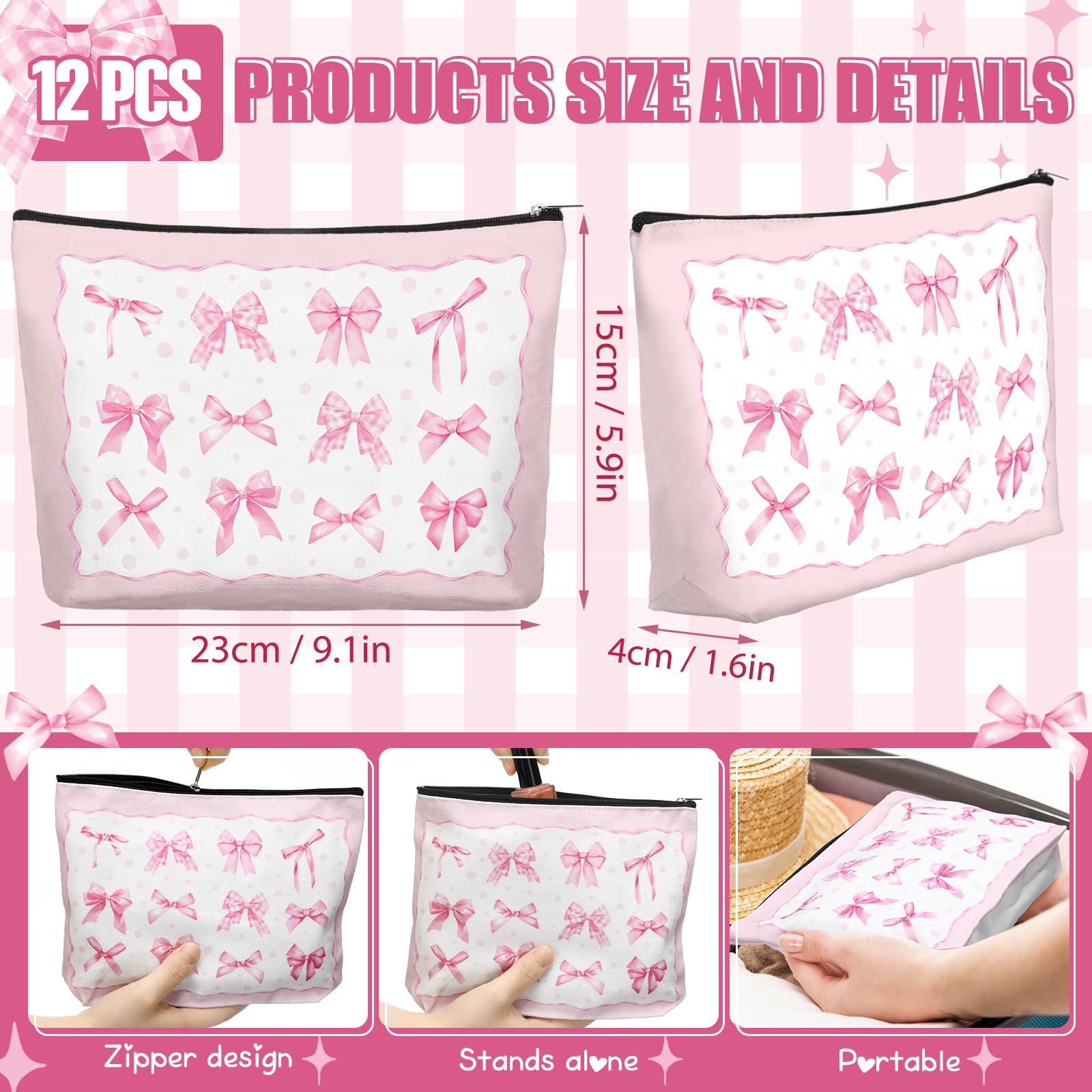 Reginary 12 Pcs Pink Bow Makeup Bags Coquette Bow Cosmetic Bags with Zippers Coquette Party Favors Pink Aesthetic Elegant Pouch Bulk Gifts for Women Mother's Day Birthday Supplies Travel Accessory