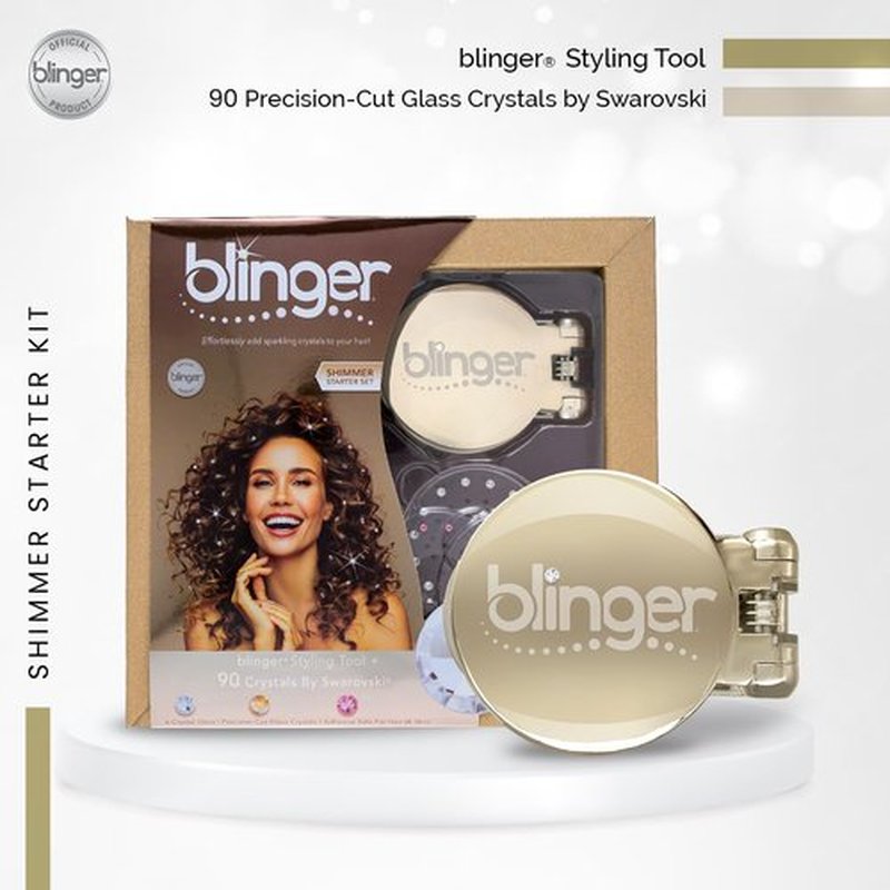 blinger® Shimmer Starter Set with Gold-Plated blinger Styling Tool & 90 Precision-Cut Glass Crystals – as seen on Shark Tank | Hair-Safe Accessories for Women | Hair Jewelry for Parties & Gifts