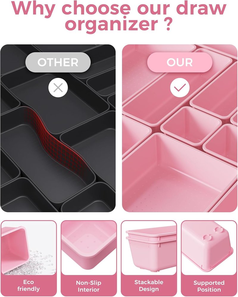 BiuLeon 25 PCS Plastic Drawer Organizers Set - Versatile Vanity & Makeup Storage | Pink, 4 Sizes