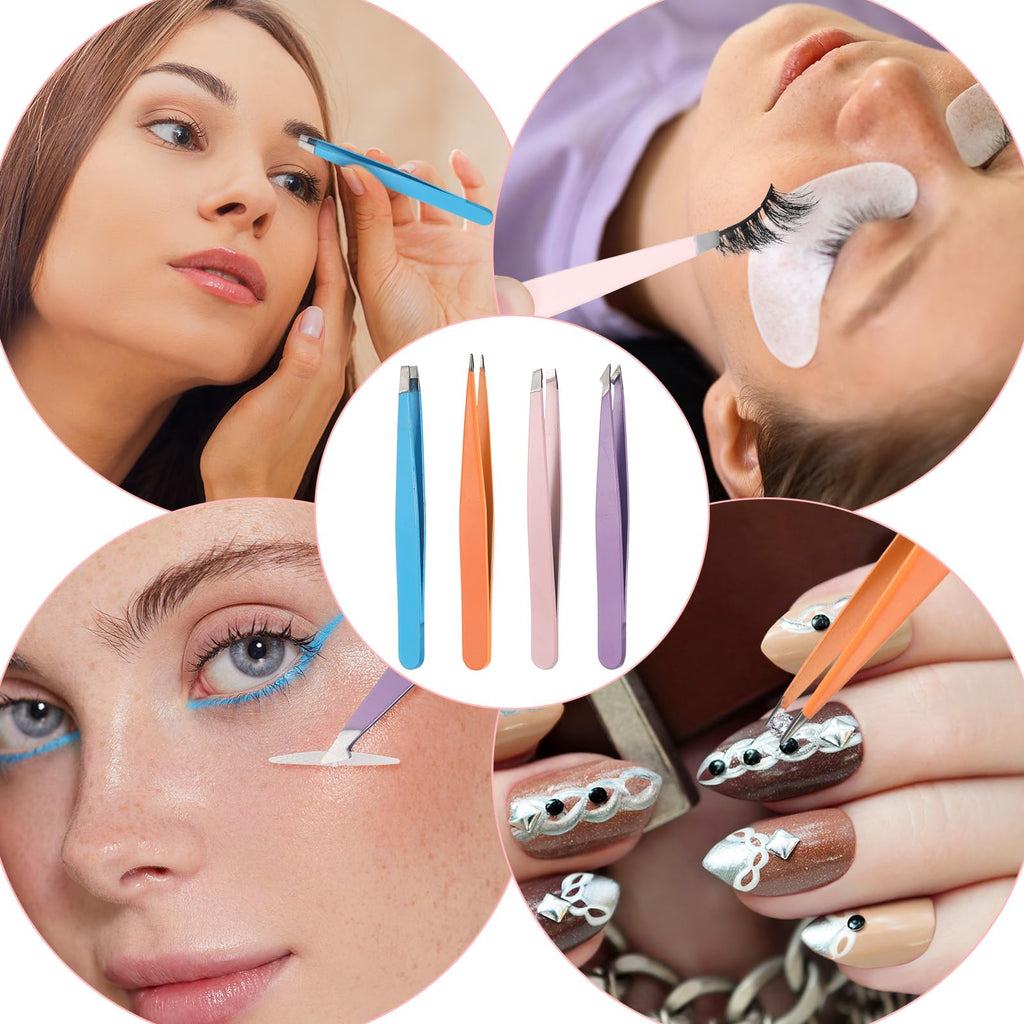 4Pcs Mini Tweezers Set, Micro Tweezers Stainless Steel Precision Eyebrow Tweezer for Facial Hair Removal, Travel Size With Leather Case
