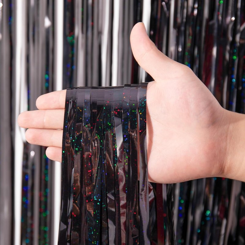 Voircoloria Laser Black Foil Fringe Backdrop Curtains - 3 Pack Tinsel Streamers for Parties & Events | 3.3 x 8.2 ft