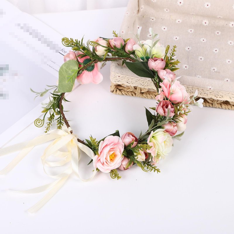 Vivivalue Wedding Flower Crown Flower Garland Headband Hair Wreath Floral Headpiece Halo Boho with Ribbon Party Prom Festival Photos
