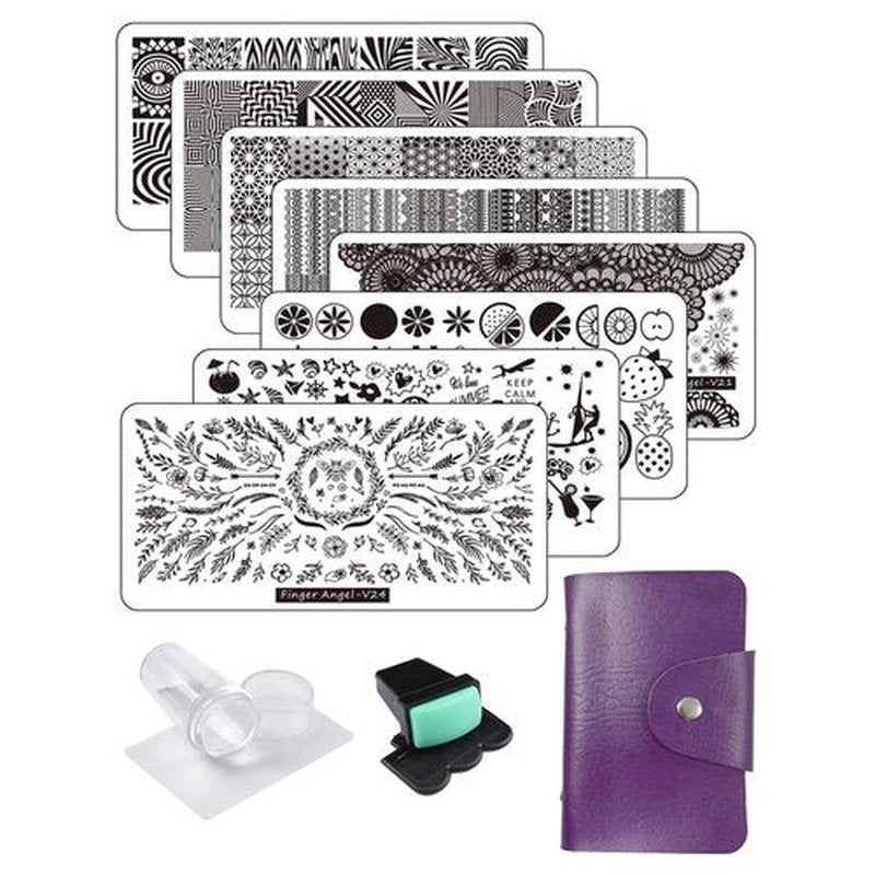 FingerAngel 8pcs Nail Stamp Plates + Nail Stamper with Scraper+ 1 Pcs storage bag Nails Art Stamping Plate Scraper Stamper Set Leaves Flowers Animal Template Image (V17-24)