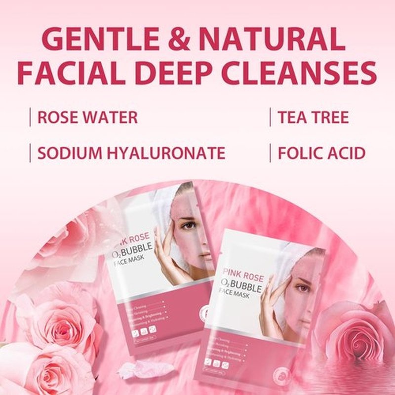 Pack of 10 Pink Rose O2 Bubble Face Masks Skincare, Spa Presents for Women, Bubble Face Sheet Mask Cleaner Foaming Purifying Facial Mask for Acne and Pores Moisturizing Beauty Sheet Masks