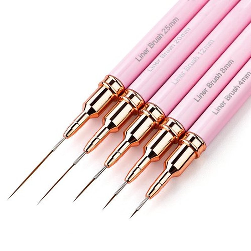 Nail Art Brushes, 5PC Nail Liner Brush Set, UV Gel Polish Painting Art Design Pen for Long Lines, Thin Details, Fine Drawing Sizes 4/8/12/20/25mm(Pink)
