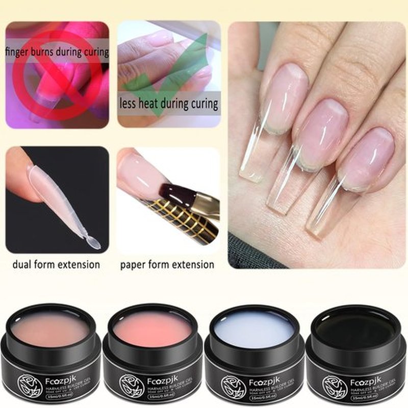 Fcozpjk Builder Gel for Nails, 4 Colors Thickening Builder Nail Gel Clear Milky White Nude Pink Nail Strengthener Gels Kit with Brush Pen Soak Off UV Polish Nail Extension Manicure Supplies