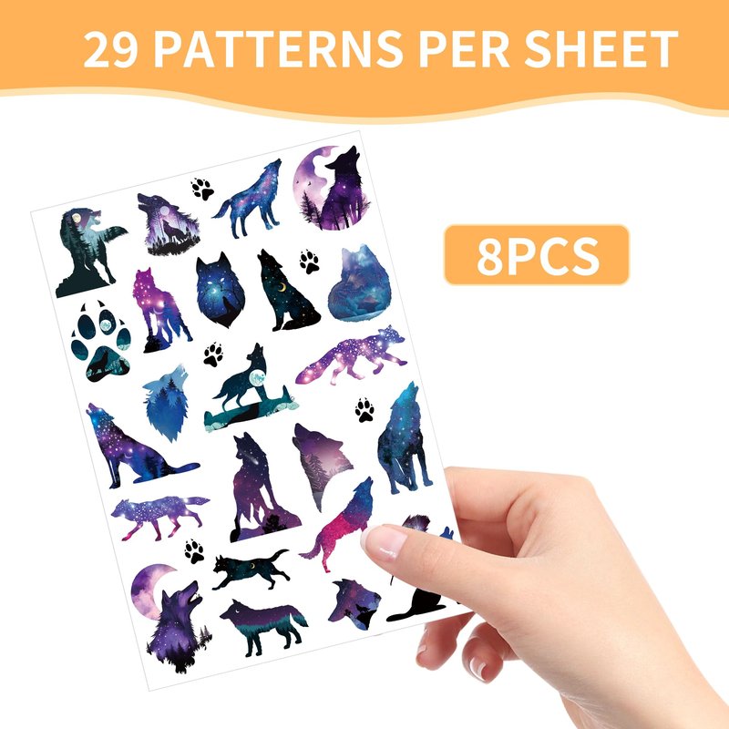 Wolf Party Temporary Tattoos - 200+ Animal Themed Tattoos Birthday Party Favors Supplies Decorations, Beautiful Starry Sky Wolves Body Art