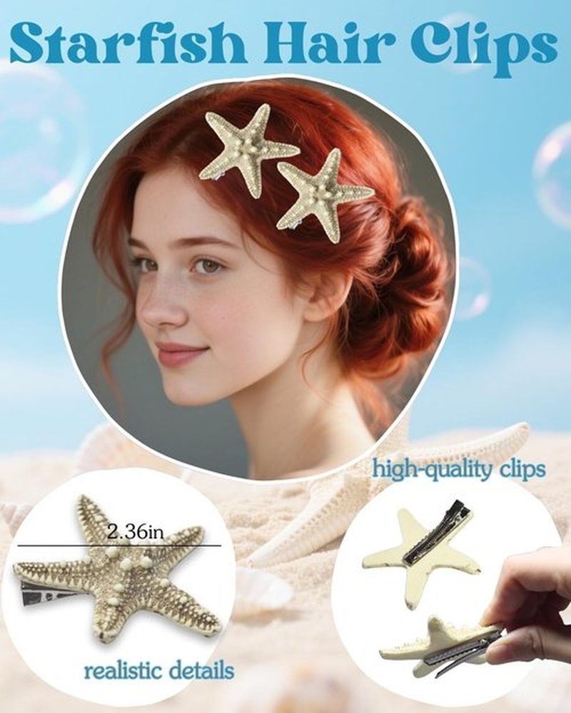 Starfish Hair Clip Mermaid Accessories: 6-PCS Halloween Costume Accessories for Women Girls Mermaid Sea Party Cosplay, Hair Clips Set with Face Glitter Gel Seashell Earrings Pearl Stickers (Realistic)