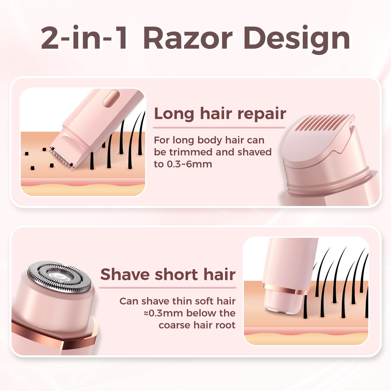 Pedersean Bikini Trimmer for Women, 2 in 1 Electric Razors for Women, IPX7 Waterproof, USB Rechargeable Wet and Dry Shaver, Suitable for Hair Removal All Over The Body