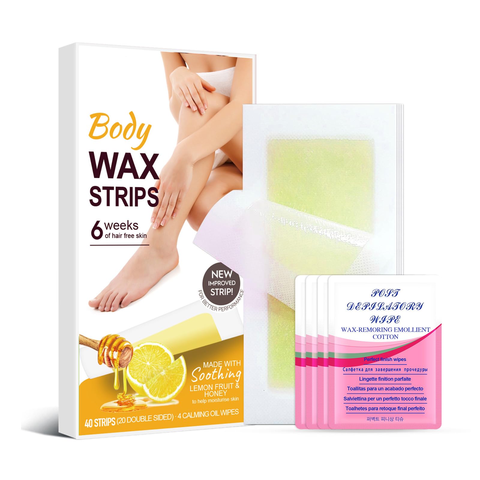 Wax Strips for Hair Removal,Hair Removal Wax Strips-20 Doublesided Wax Strips + 4 Calming Oil Wipes for Women, Face, Body, Arms, Legs, Chest, Back,for All Skin Types