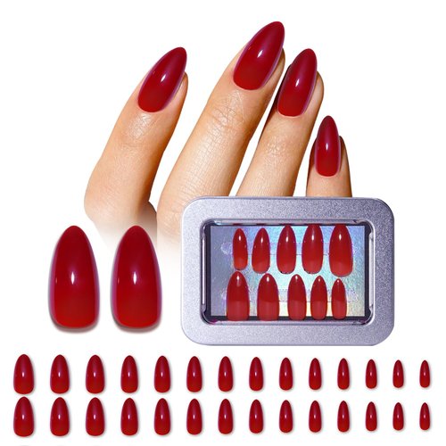 30 Pcs Medium Red Short Almond Press on Nails Full Cover False Nails for Women and Girls,Salon Acrylic,Nail Glue Included,with Metal Box,Easy Apply