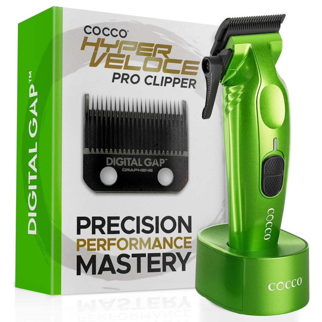 Cocco Hyper Veloce Pro Clipper, Digital Gap Ambassador Graphene Taper Blade Professional Hair Clippers, High-Torque BLDC Motor, All-Metal, Cordless, Charging Station Included (Green)