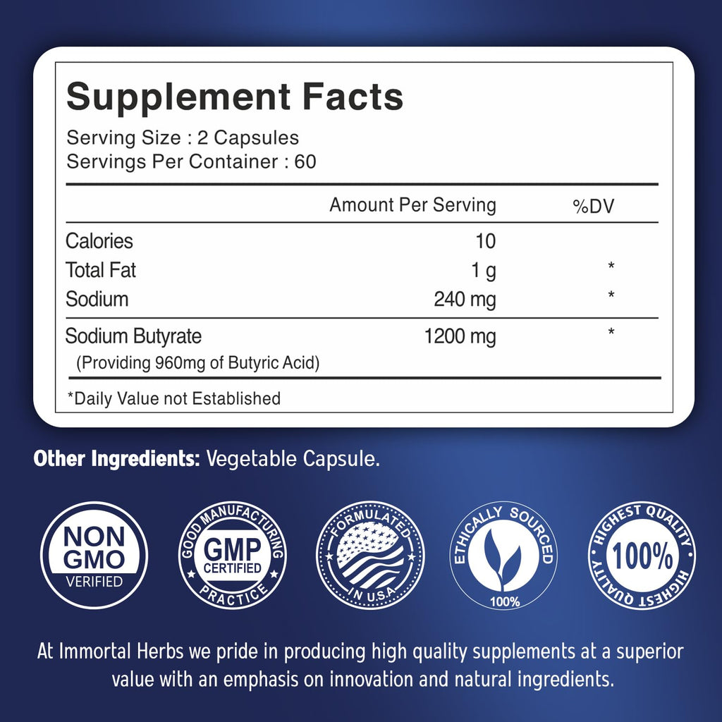 Immortal Herbs Sodium Butyrate Capsules 1200mg, High Absorption Postbiotic, 120 Count, Standardized Butyric Acid, Vegan, Non-GMO & Gluten-Free Butyrate Supplement for Women and Men