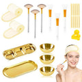 28 Gold Facial Supplies 3 Facial Mask Mixing Bowls 3 Facial Fan Brushes 3 Mask Applicator Brushes 3 Mask Measuring Spoons Skincare Tray 3-Compartment Serving Tray 12 Facial Sponges 2 Spa Headbands