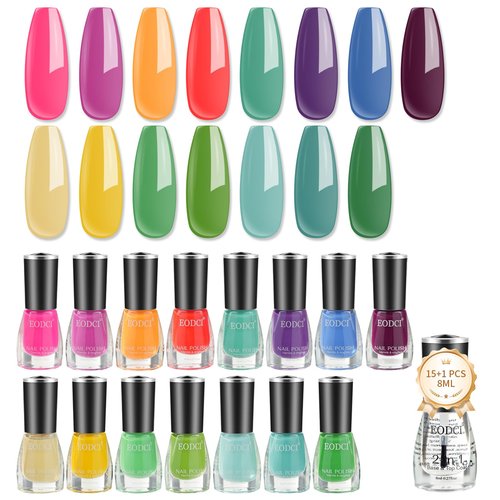 eodci 16 PCS Nail Polish Set, 15 Bright Colors Quick Dry Nail Polish Kit With 2in1 Base/Top Coat Spring Summer Colors Finger Nail Polish Pack Glossy Toenail Polish DIY Gifts for Women