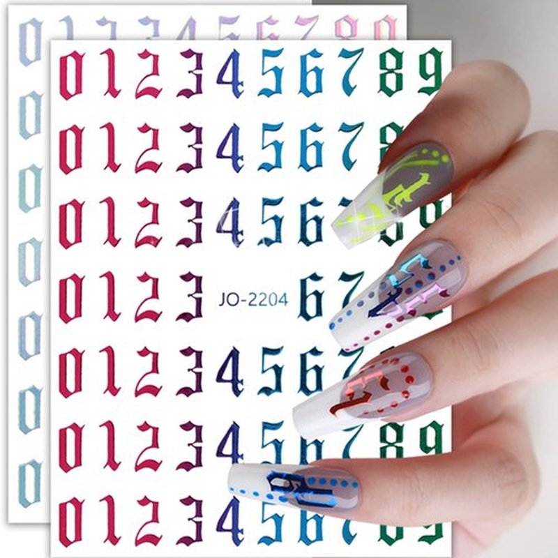 12 Color Nail Art Stickers, 3D Number 0-9 Self-Adhesive Sticker Design, Laser Gold Silver Red Black White Pink Yellow Green Nail Transfer Decals for Women Manicure Decorations