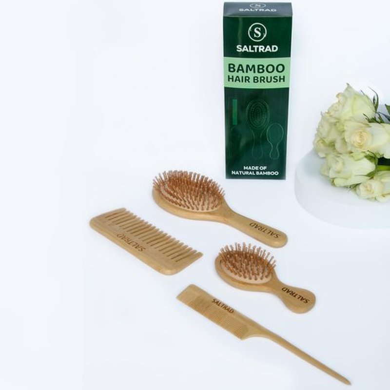4PCS Bamboo Hair Brush Set – Eco-Friendly Paddle Brush, Wide-Tooth Comb & Tail Comb – Detangling, Scalp Massage, Reduces Frizz, Promotes Hair Growth