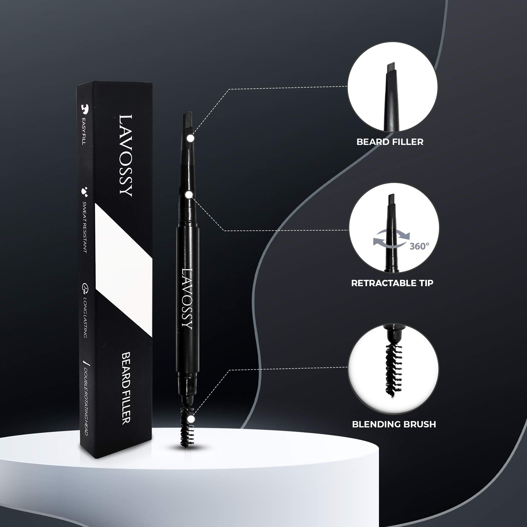 LAVOSSY Beard Pencil Filler for Men - Black, Pack of 3 - Long Lasting and Easy to Use with Blending Brush, Water/Sweat Proof, Fills Patchy Beard, Moneyback Promise