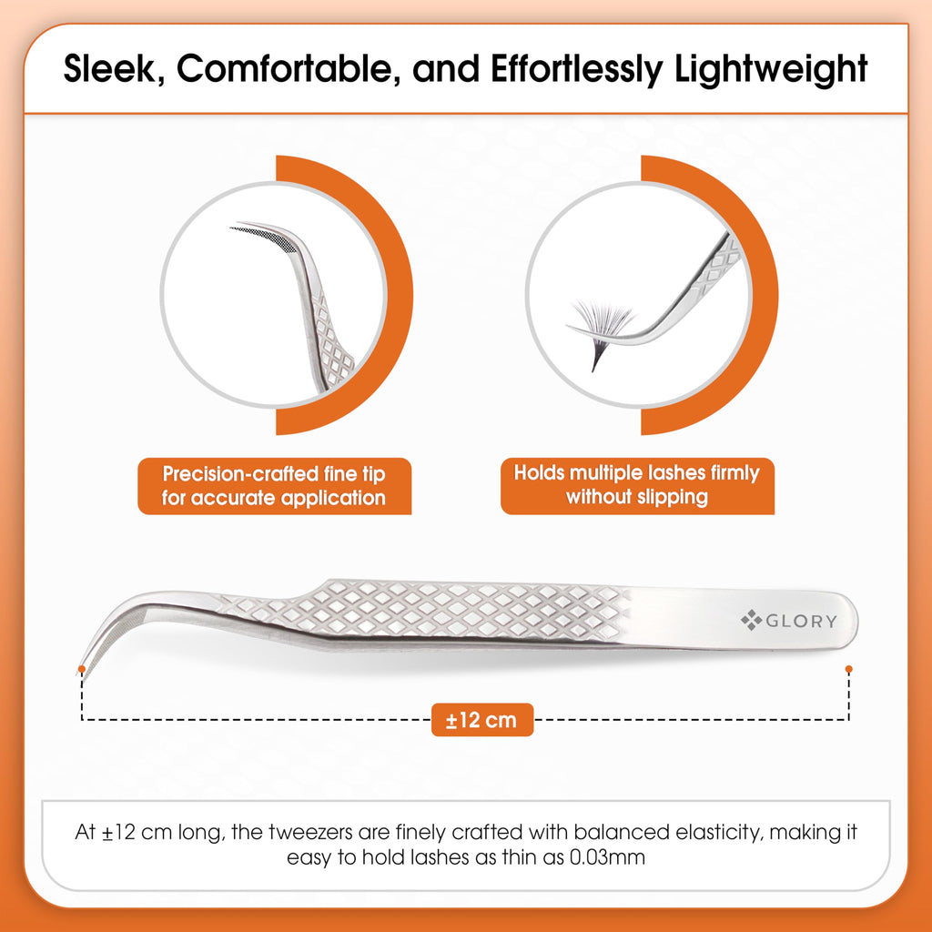 Glory Professional Curved Fiber Tip Eyelash Tweezers for Individual, Classic & Volume Diamond Grip Stainless Steel Precision Lash Extension Curved Tweezers for Multi Purpose
