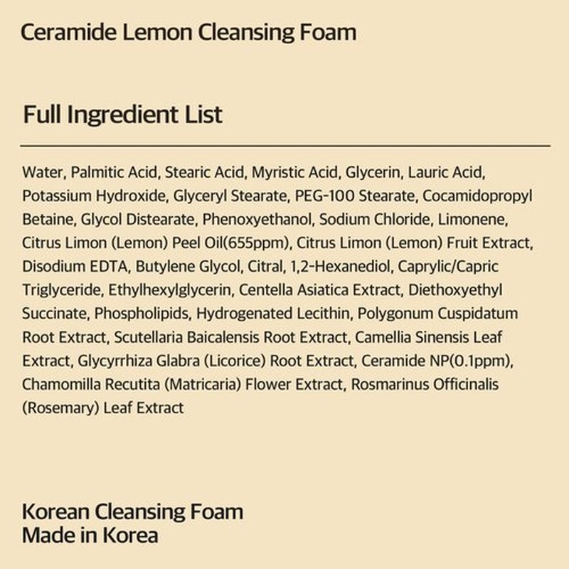 eyeNlip Ceramide Lemon Cleansing Foam 3.3fl oz - Creamy Daily Cleanser with Fruit Extracts and Ceramide NP for Soft, Fresh Skin, Korean Skin Care