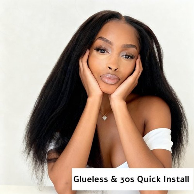 Enivuoso Yaki Straight V Part Wig Afro Kinky Straight Half Wig 180% Density Wear and Go Glueless Synthetic Half Wigs for Black Women, Synthetic No Leave out Clip in (#1B Black, 20 Inch)