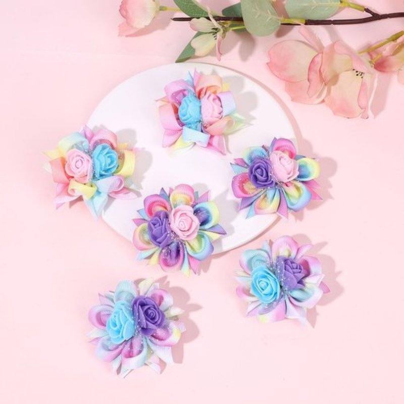 TOKUFAGU 6PCS Hair Bows for Girls, Flower Hair Clips Rainbow Hair Accessories for Girls Toddler Bows with Alligator Clips for Kids Child Teens(Rainbow)