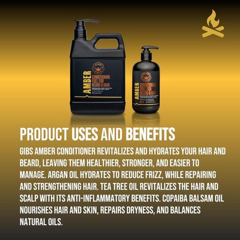 GIBS Amber Beard & Hair Conditioner - Revitalize Dry Hair & Skin, Control Frizz - Made in USA | Antimicrobial & Antioxidant Formula