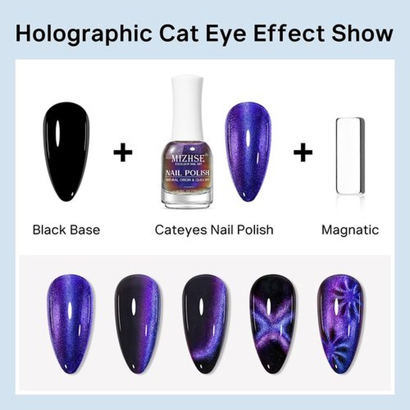 MIZHSE Quick Dry 9D Cat Eye Nail Polish Non Gel, Blue-Violet Magnetic Nail Polish with Magnet, Air Drying Fast Cateye Nail Lacquer Galaxy Effect Manicure Home Gift for Women 15ml