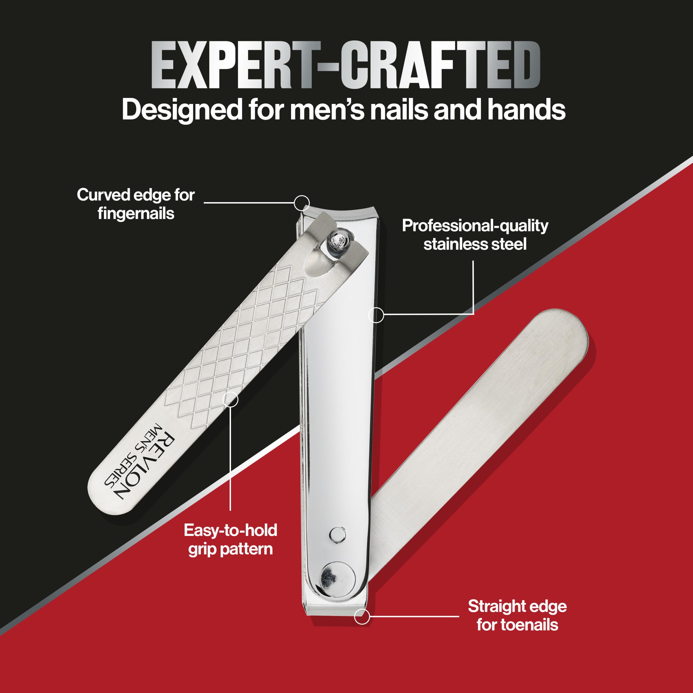 Revlon Dual-Ended Nail Clipper for Men, Straight and Curved Edges, for Fingernail and Toenail Trimming, Stainless Steel, 1 Count