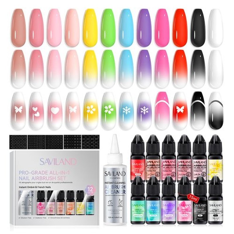 SAVILAND All-in-1 Airbrush Gel Nail Polish Kit: Dilution-Free Airbrush Paint for Nails Non-Acetone 12 Colors Airbrush Gel Polish with Airbrush Cleaner Stencils French Ombre Blush Nail Art Beauty